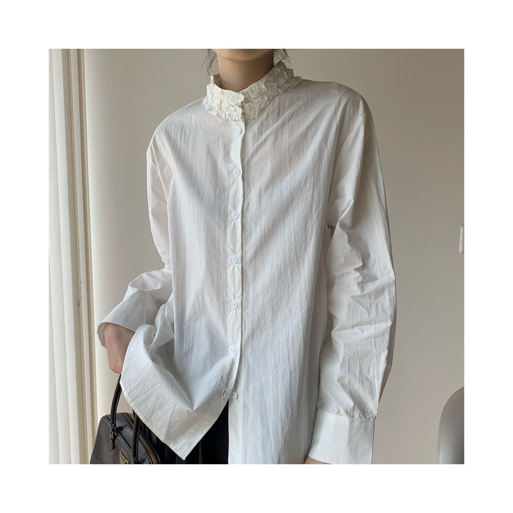 Aowen 2026 Spring Summer Retro High Neck Striped Blue Shirt for Women with Ruffled Trim Neckline Design image 4