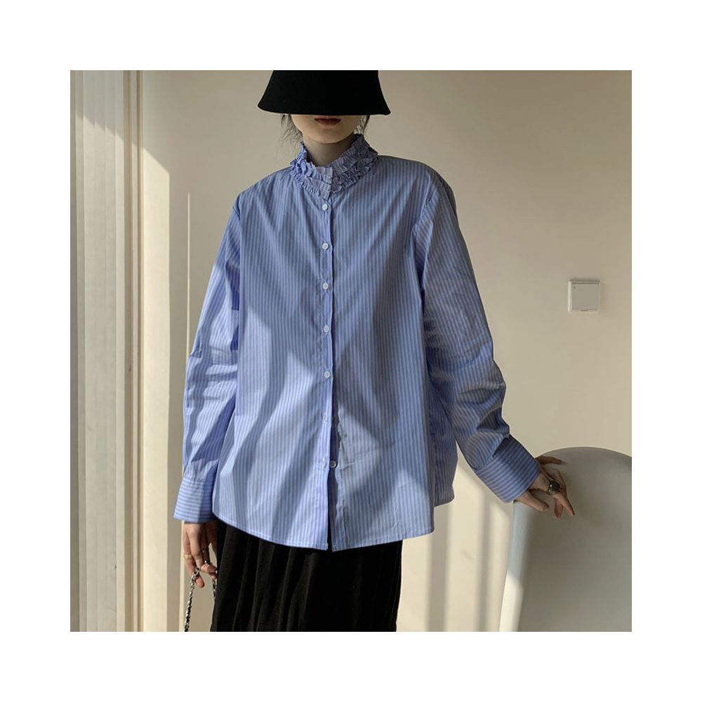 Aowen 2026 Spring Summer Retro High Neck Striped Blue Shirt for Women with Ruffled Trim Neckline Design image 0