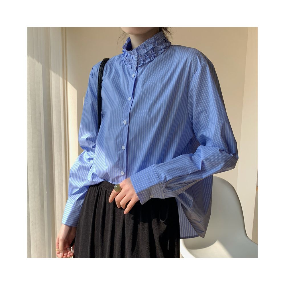 ASAYA6862 – Celeste Ruffle Collar Shirt 💙🤍✨