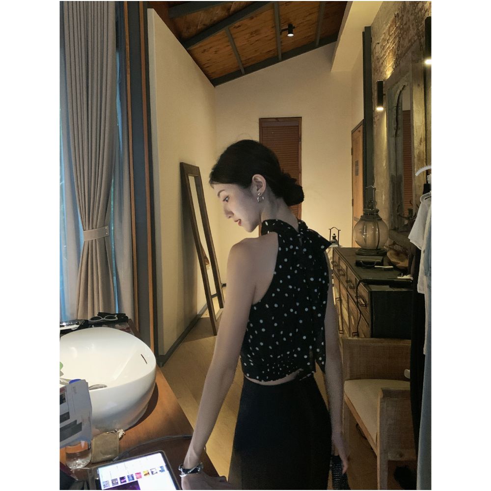 French style white polka dot top chiffon halter neck short women s top elegant style top with black dots on an apricot background image 4