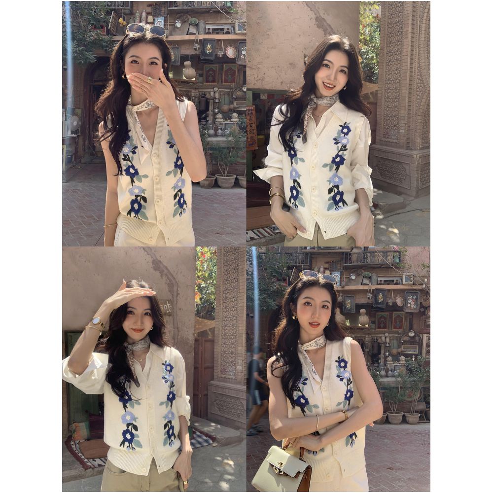 MULVAN Cloud Weaving Retro Embroidered V neck Knitted Cardigan Vest for Women Sleeveless Loose Layering Top image 1