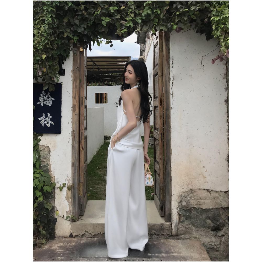 MULVAN Urban Goddess Satin Halter Neck Tank Top Two Piece Set Straight Wide Leg Casual Pants for Women image 2