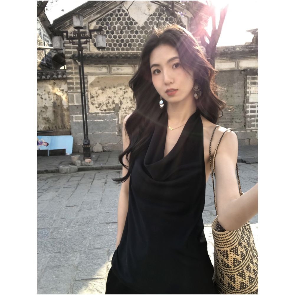 MULVAN Urban Goddess Satin Halter Neck Tank Top Two Piece Set Straight Wide Leg Casual Pants for Women image 3