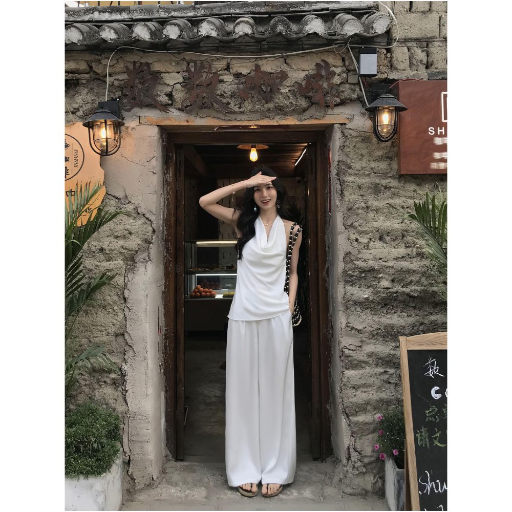 MULVAN Urban Goddess Satin Halter Neck Tank Top Two Piece Set Straight Wide Leg Casual Pants for Women image 4