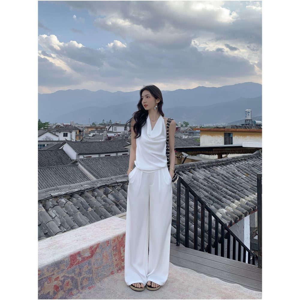 MULVAN Urban Goddess Satin Halter Neck Tank Top Two Piece Set Straight Wide Leg Casual Pants for Women image 0