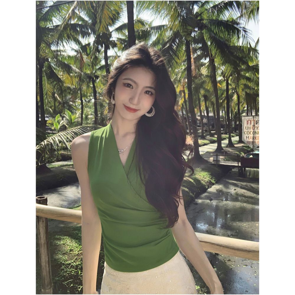 MULVAN Minimalist Style Crossover V Neck Knitted Vest for Women Slim Fit Waist Defining Sleeveless T Shirt Elegant Top image 5