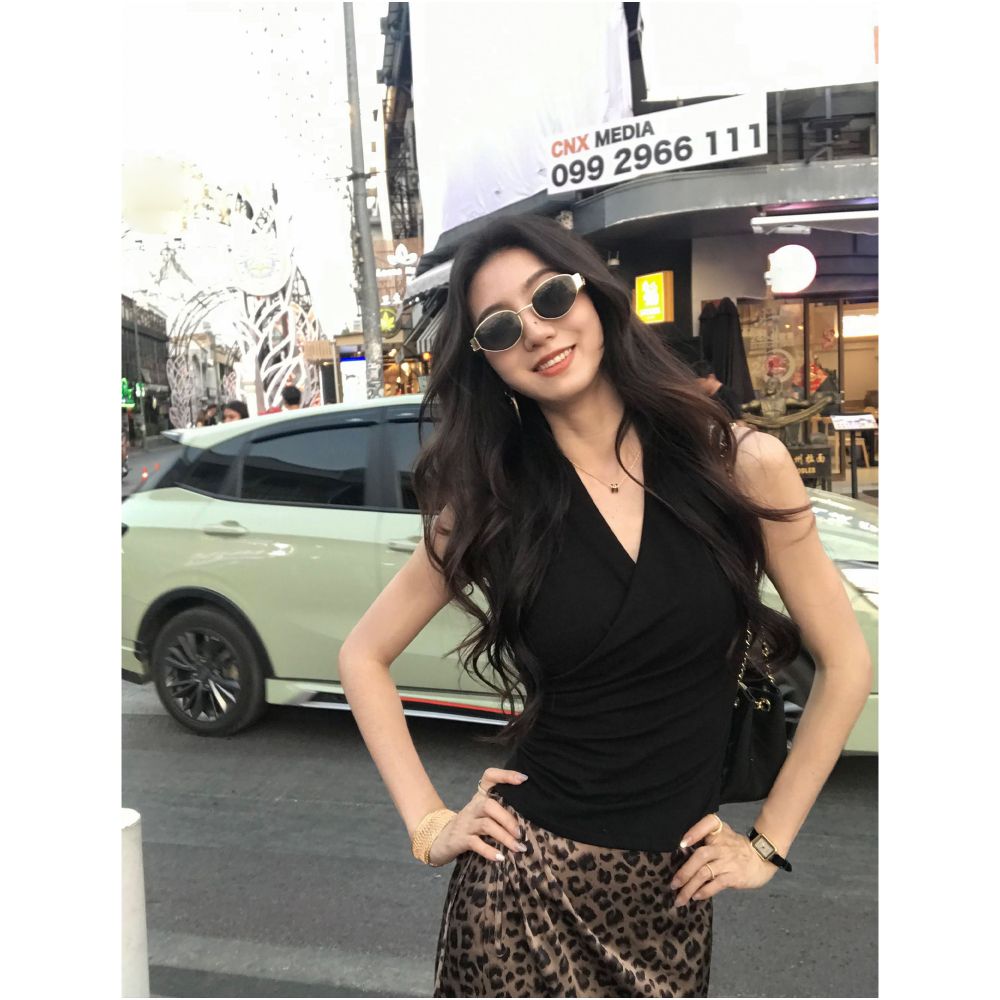 MULVAN Minimalist Style Crossover V Neck Knitted Vest for Women Slim Fit Waist Defining Sleeveless T Shirt Elegant Top image 2
