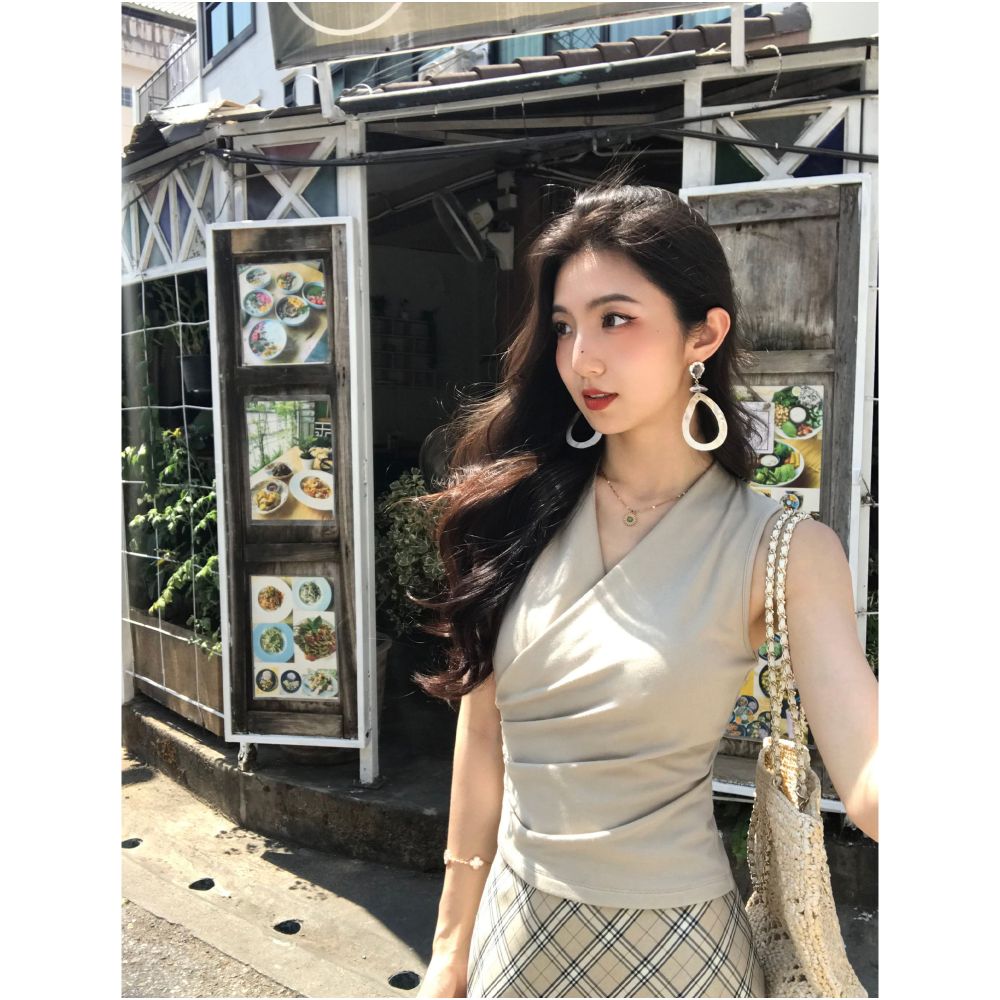MULVAN Minimalist Style Crossover V Neck Knitted Vest for Women Slim Fit Waist Defining Sleeveless T Shirt Elegant Top image 4