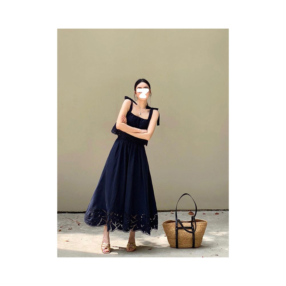 Drawdream same day shipping Women s summer delicate lace skirt set with square neck hollow embroidery camisole top image 1