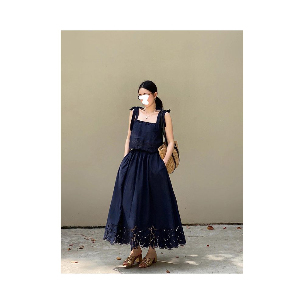Drawdream same day shipping Women s summer delicate lace skirt set with square neck hollow embroidery camisole top image 4