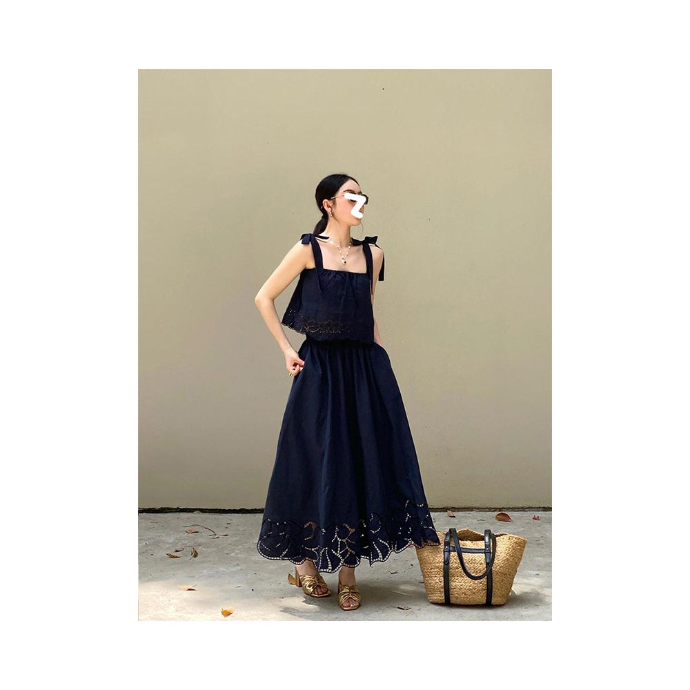 Drawdream same day shipping Women s summer delicate lace skirt set with square neck hollow embroidery camisole top image 5