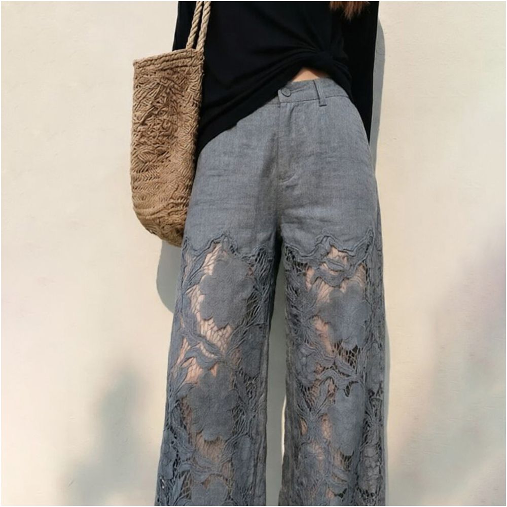 Women s Gray Lace Trimmed Straight Leg Pants 2026 Summer New Style Luxurious Slimming Fashion Casual Pants Wide Leg Pants with Flow image 4