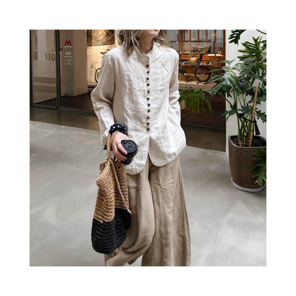New Spring Summer Women s Modern Chinese Style Super Slimming Retro Old Money Style Plus Size Linen Stand Collar Long Sleeve Shirt Cardigan Coat image 2