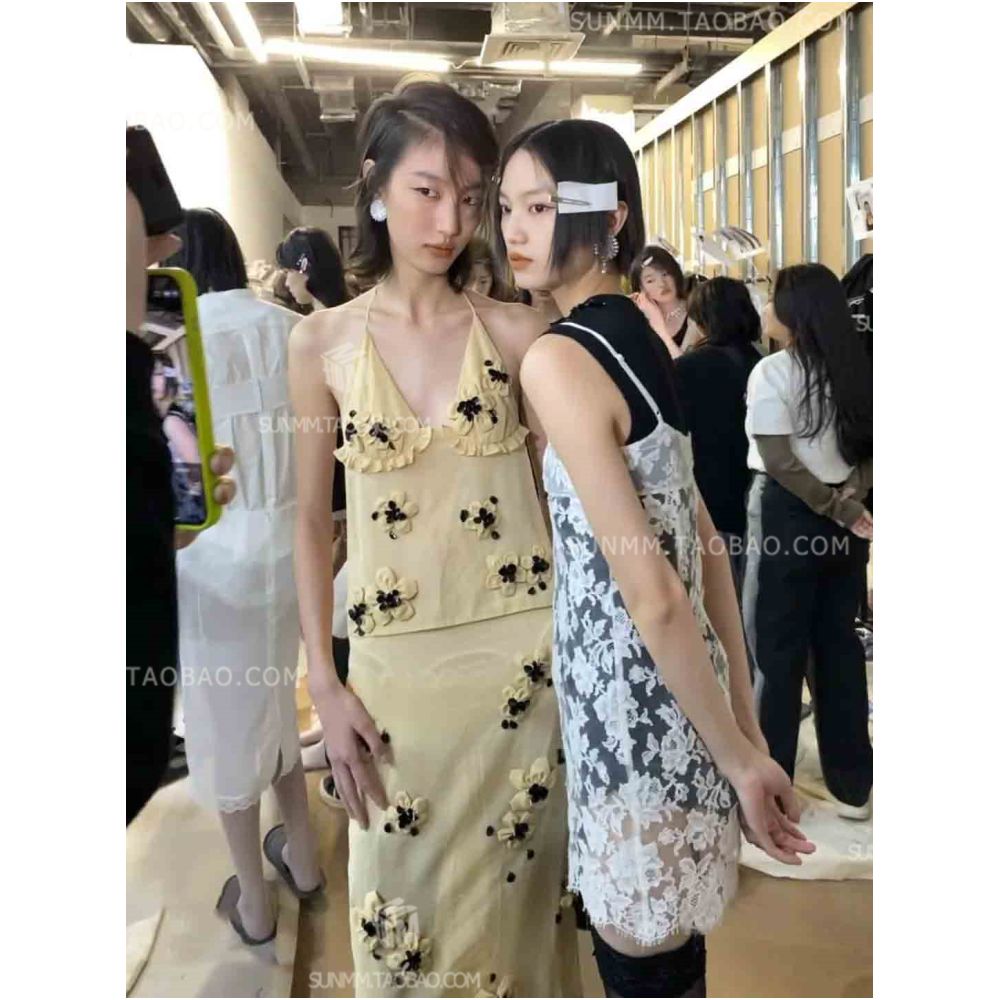 Boutique Spring Summer 2024 New Arrivals High end Niche Trendy Soft Yellow 3D Floral Backless Camisole and Skirt image 0