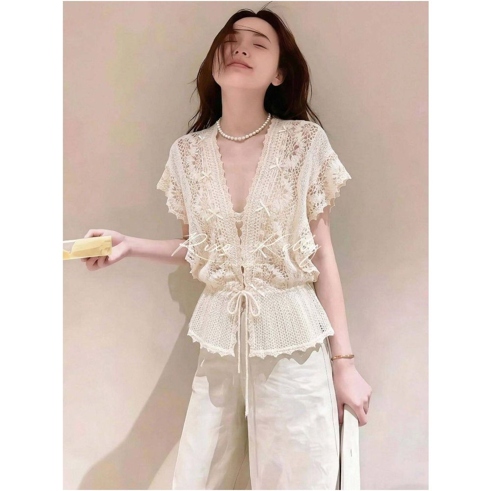 RIXO STREET French style light luxury exquisite top summer style romantic and warm lace patchwork hollow V neck tie front blouse image 0