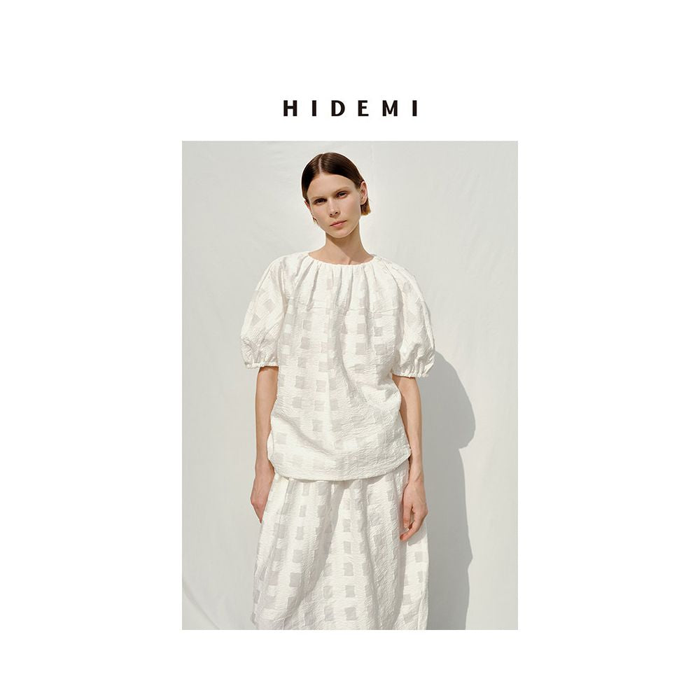 HIDEMI Resort Collection Embossed Artistic Jacquard White Check Cocoon T Shirt and Skirt Set image 4