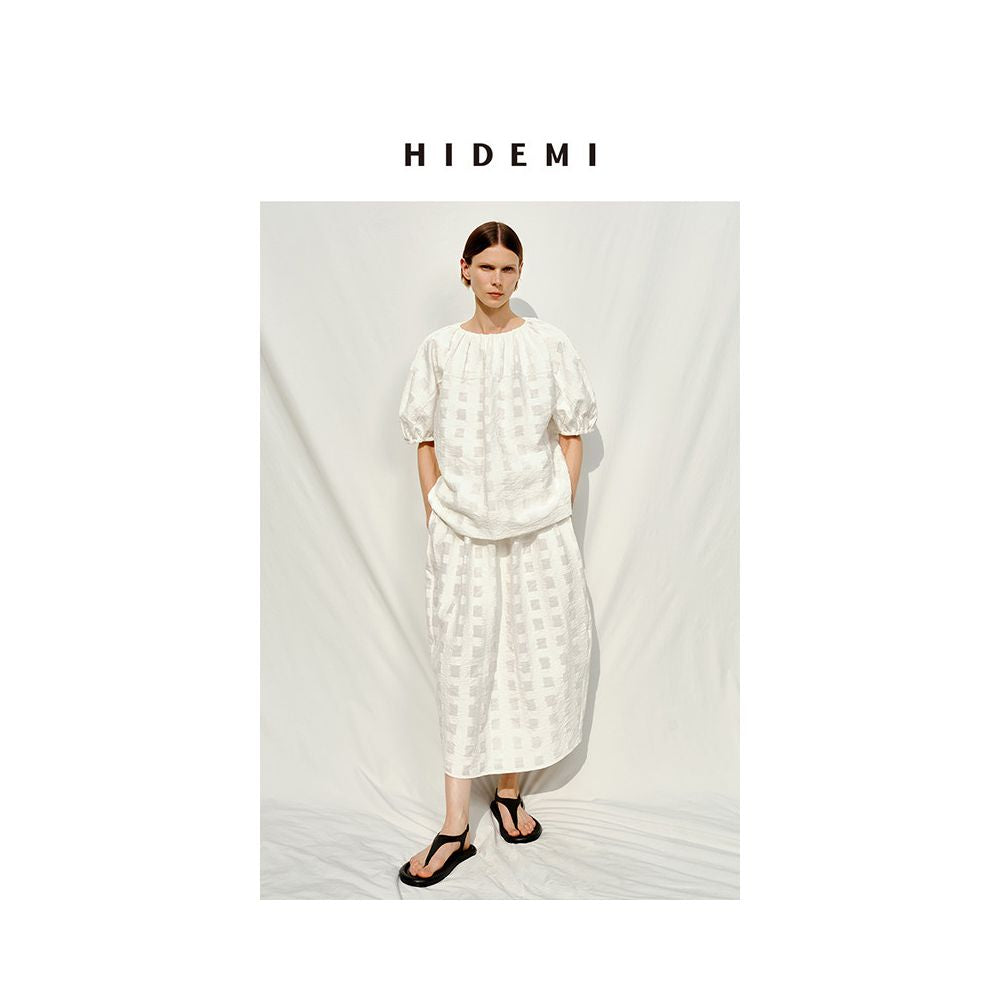 HIDEMI Resort Collection Embossed Artistic Jacquard White Check Cocoon T Shirt and Skirt Set image 0