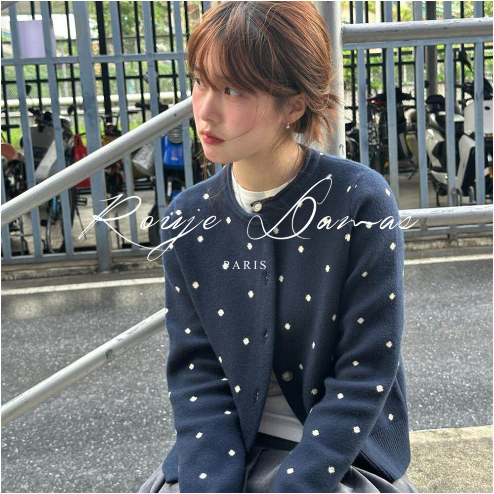 Rouje Damas Navy Blue Polka Dot All over Knit Cardigan for Women Loose Fit Versatile Slimming Sweater Jacket Top image 2