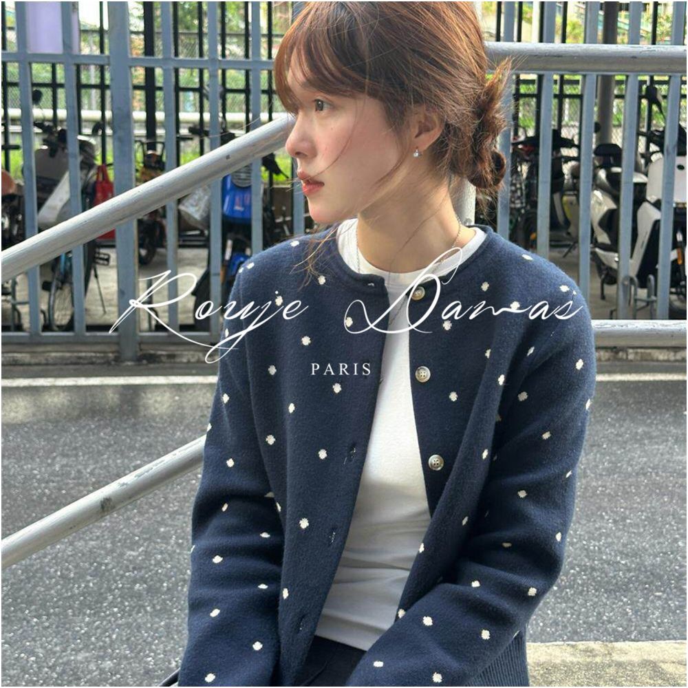 Rouje Damas Navy Blue Polka Dot All over Knit Cardigan for Women Loose Fit Versatile Slimming Sweater Jacket Top image 5