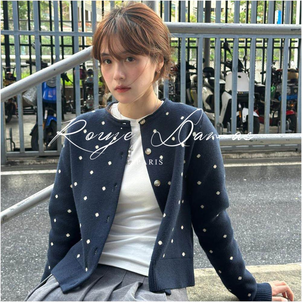 Rouje Damas Navy Blue Polka Dot All over Knit Cardigan for Women Loose Fit Versatile Slimming Sweater Jacket Top image 0