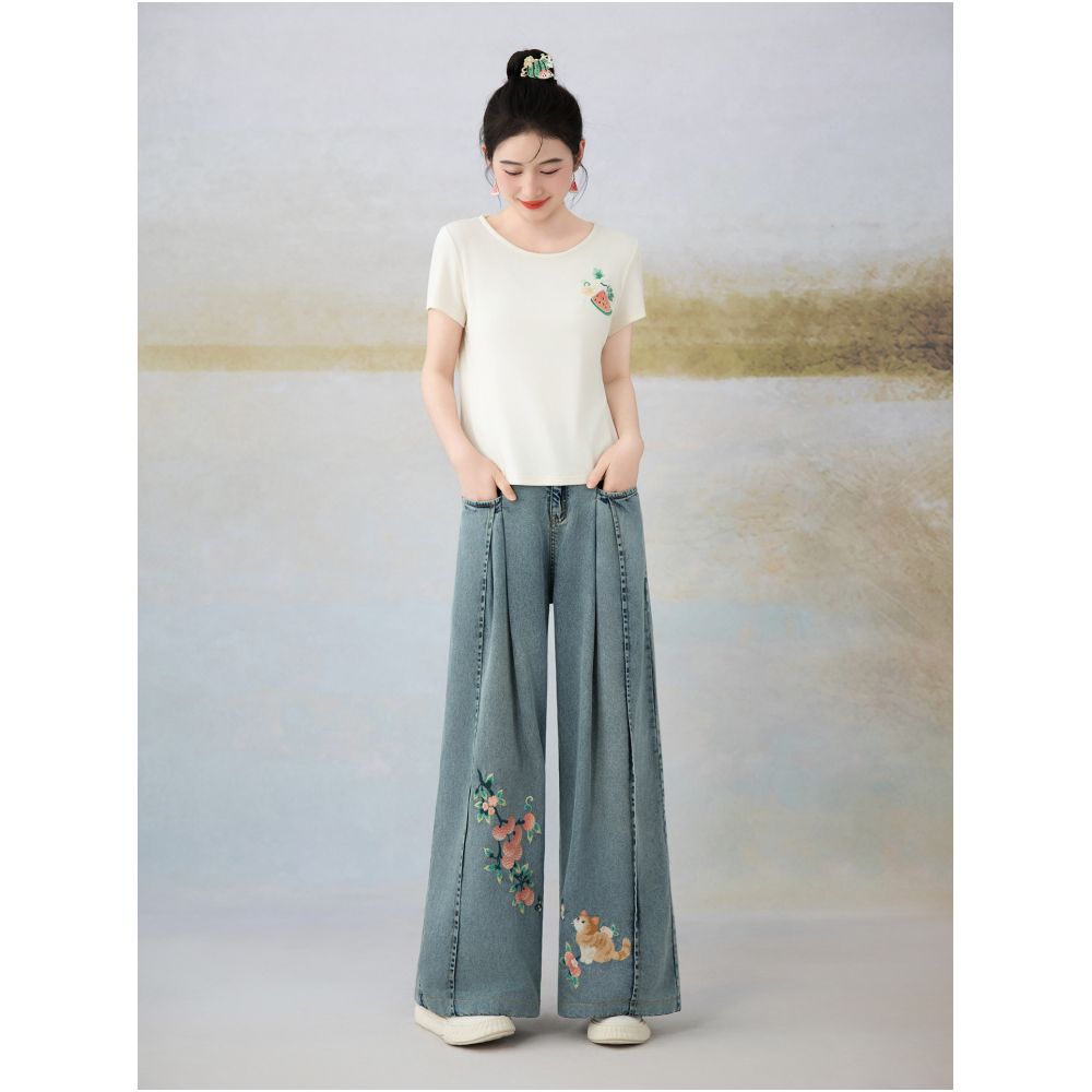 Su Luo s original Lychee and Cat Dewy Glow Summer Chinese Style Embroidered Loose Lightweight Denim Pants for Women image 2