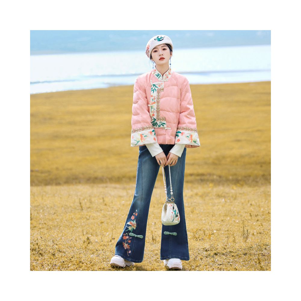 Floral Design Moonlit Flower Shadows Peach and Bamboo Lyrics Original Chinese Style Embroidered Jeans for Women New Chinese Style Fleece Lined Flared Pants image 2