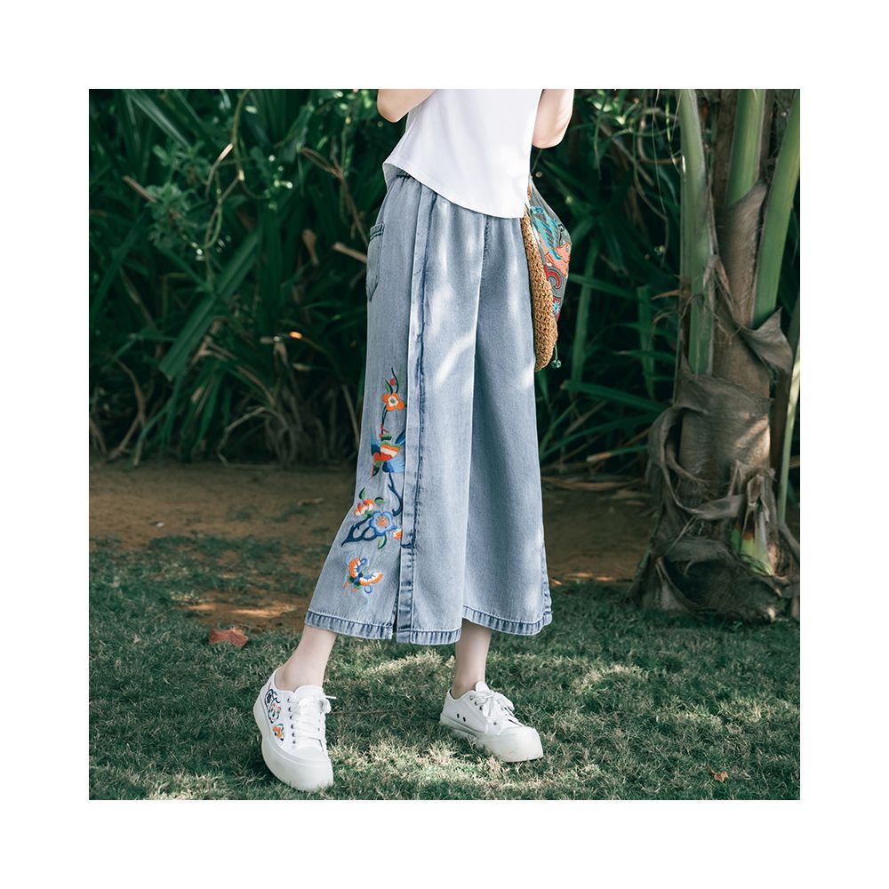 Su Luo s original SOLO Smoky Bird s Nest Summer Slimming Chinese Trend Embroidered Thin Denim Wide Leg Pants image 1