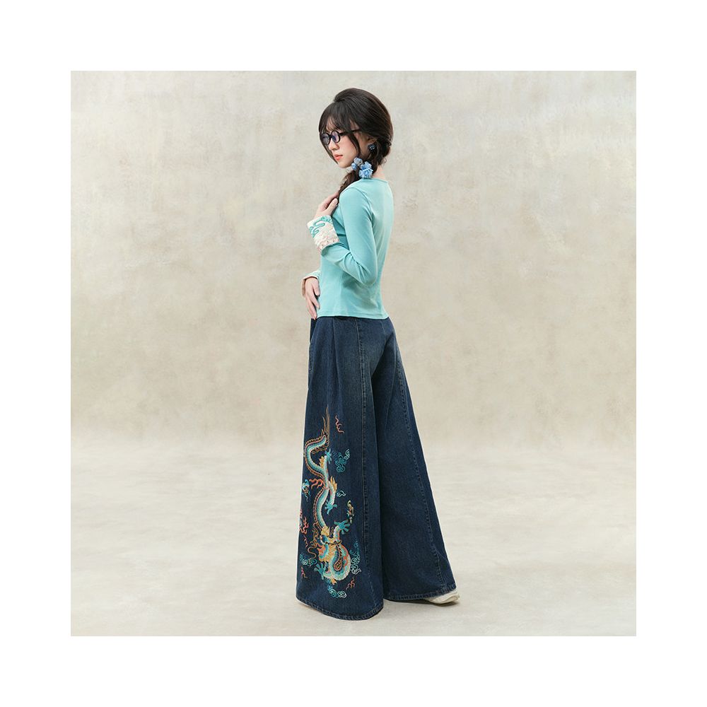 Su Luo s original Spring Dragon New China Chic wide leg trousers heavy industry embroidery loose jeans image 2