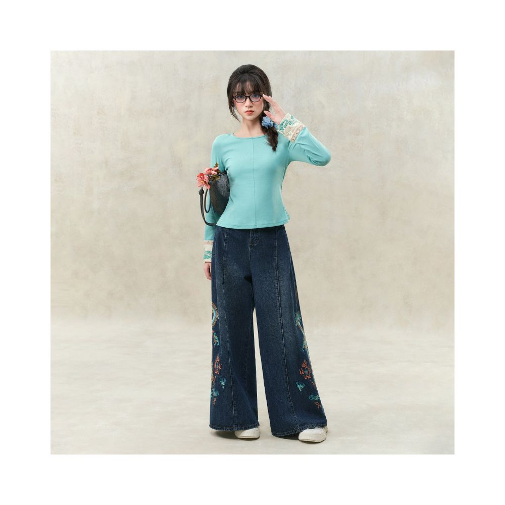 Su Luo s original Spring Dragon New China Chic wide leg trousers heavy industry embroidery loose jeans image 4