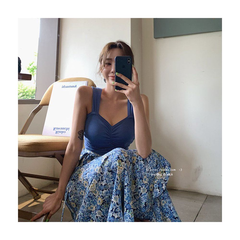 In stock SANSAN Korea official website import elegant two piece set ruched camisole floral print one piece skirt image 0
