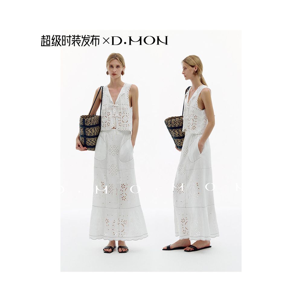 Super Fashion Show DMON Southern France Resort Beaded Hollow Out Embroidered Vest High Waisted A Line Skirt Set image 4