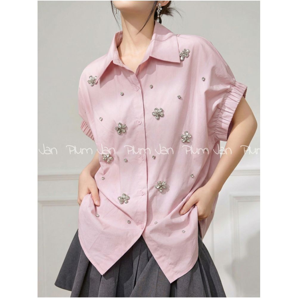 Plum Jan Pink Short Sleeve Shirt with Heavy Collar Design Summer Style Beaded Loose Fit Women s Shirt image 1