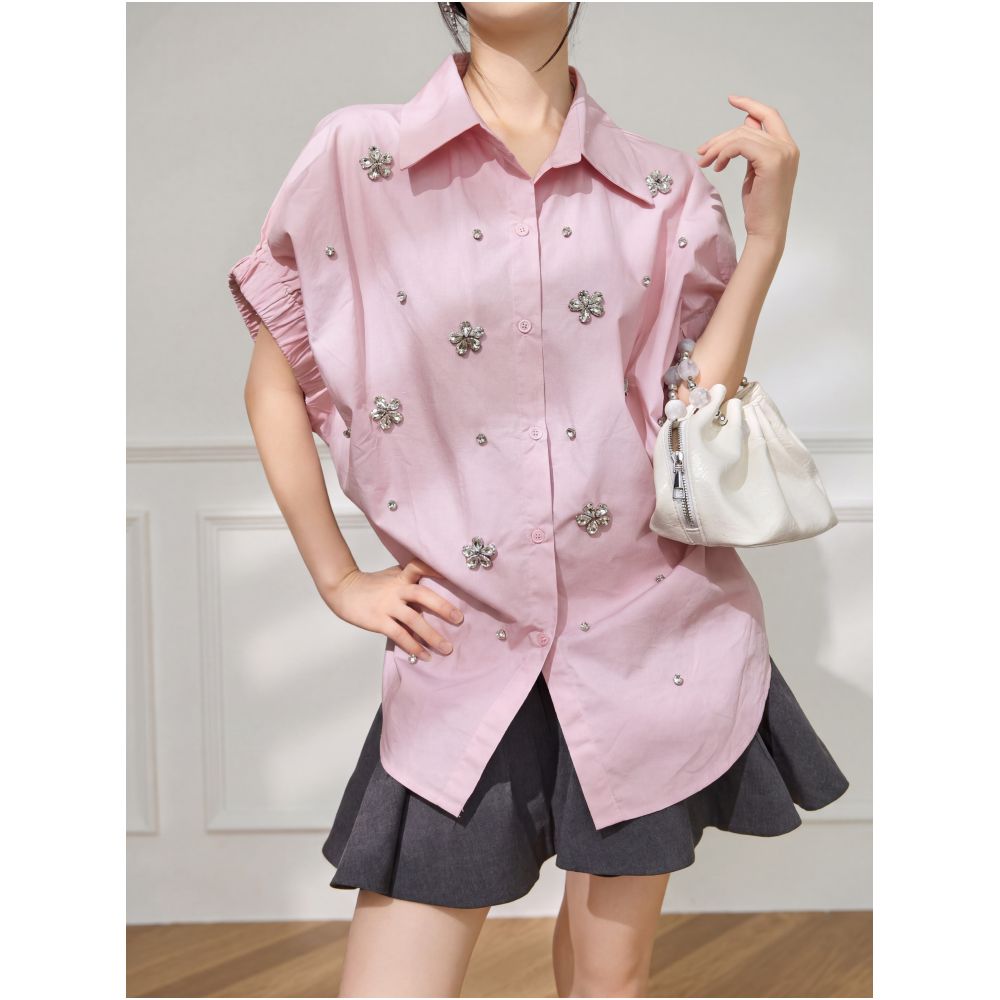 Plum Jan Pink Short Sleeve Shirt with Heavy Collar Design Summer Style Beaded Loose Fit Women s Shirt image 4