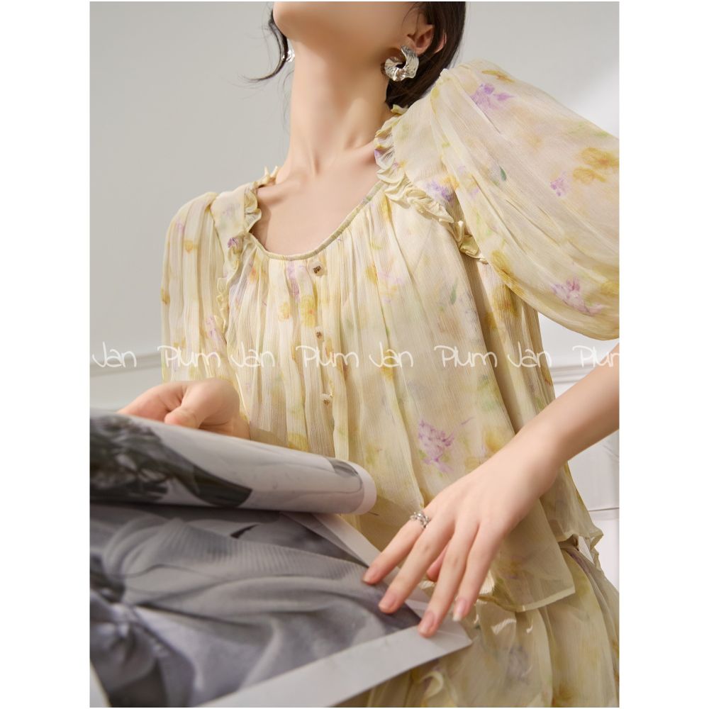 Plum Jan French Retro Ruffled Trim Tea Break Short Sleeve Shirt and Skirt Two Piece Set New Summer Set image 2