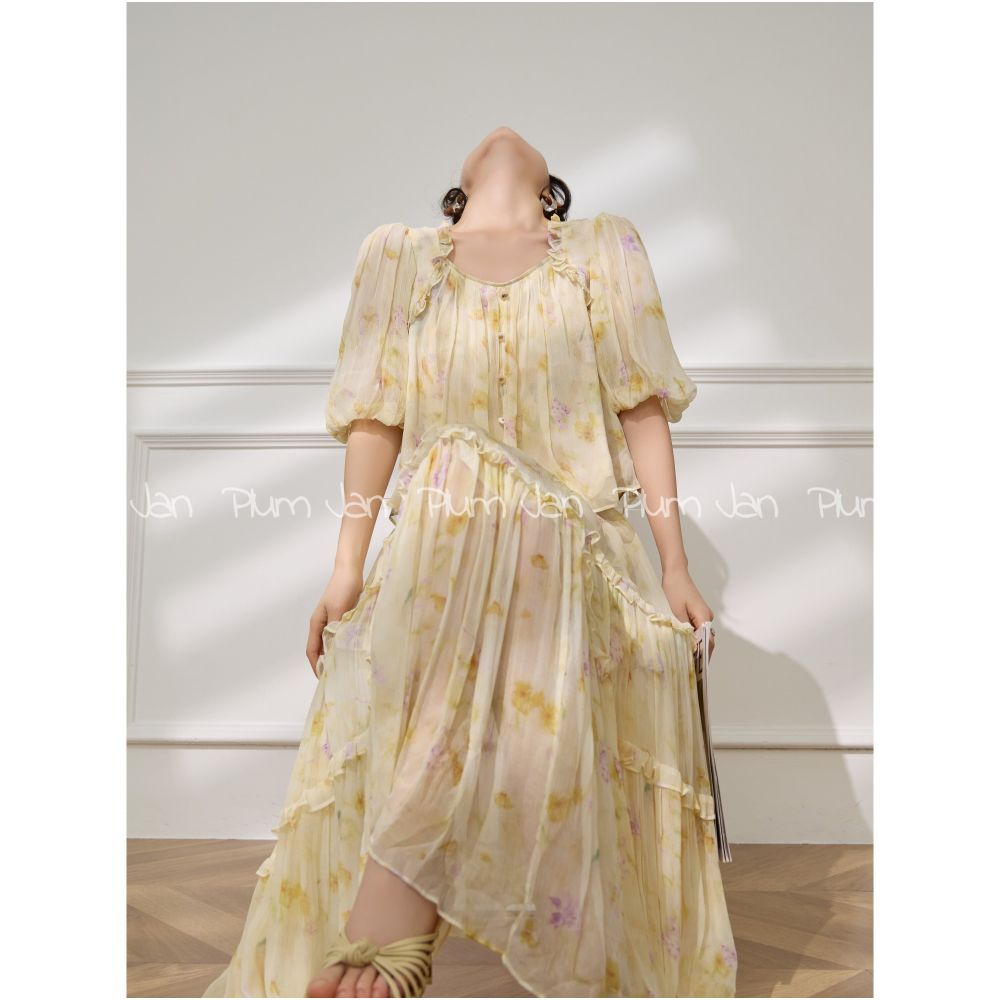 Plum Jan French Retro Ruffled Trim Tea Break Short Sleeve Shirt and Skirt Two Piece Set New Summer Set image 0