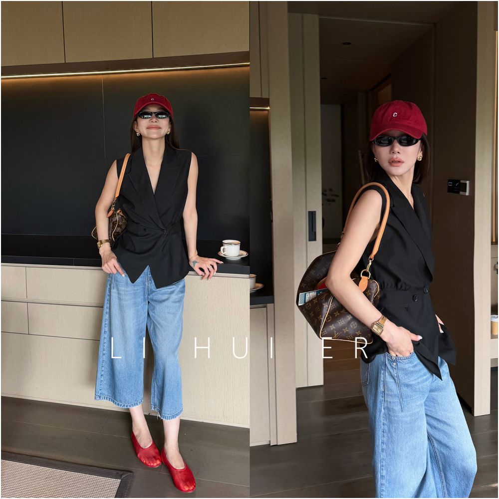 LiHuiEr Li Huier Nightfall Vina Summer Dark Acetate V Neck Outerwear Commuter Vest Top Women s image 0