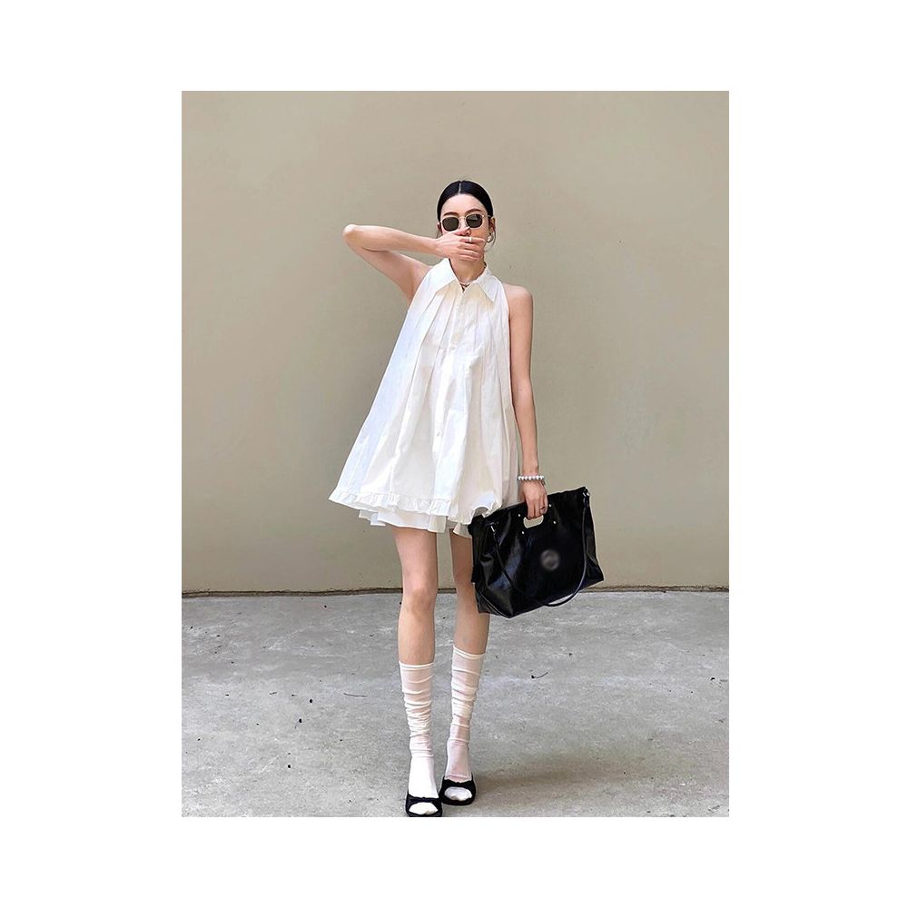 X Rose s new A line dress with gentle and elegant pleats and ruffles is a unique and luxurious halter neck mini dress for women image 0