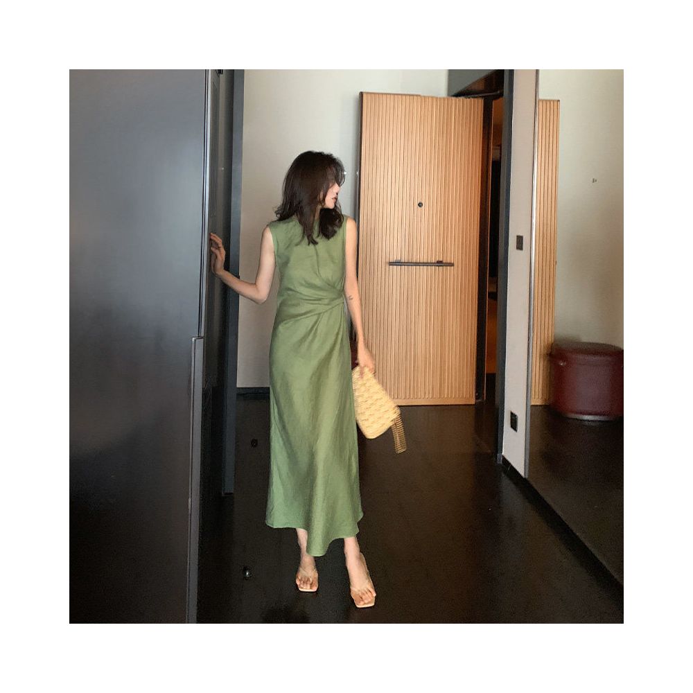 Long Xier Summer French Style Slimming Waist Tie Waist Sleeveless Dress High Waist Pleated Design Long Skirt T484 image 1