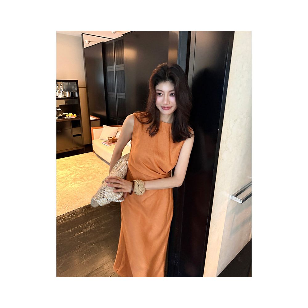 Long Xier Summer French Style Slimming Waist Tie Waist Sleeveless Dress High Waist Pleated Design Long Skirt T484 image 4