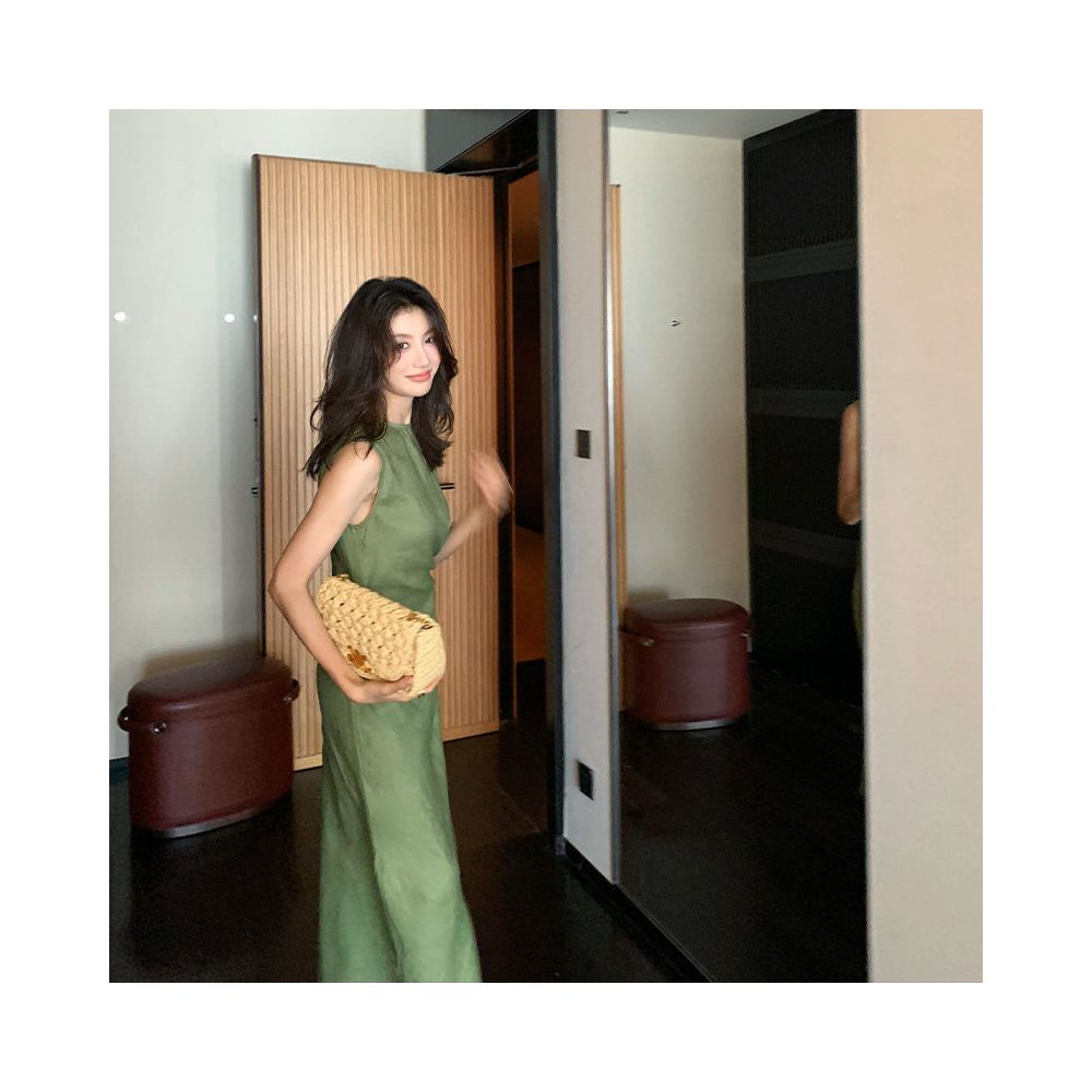 Long Xier Summer French Style Slimming Waist Tie Waist Sleeveless Dress High Waist Pleated Design Long Skirt T484 image 5