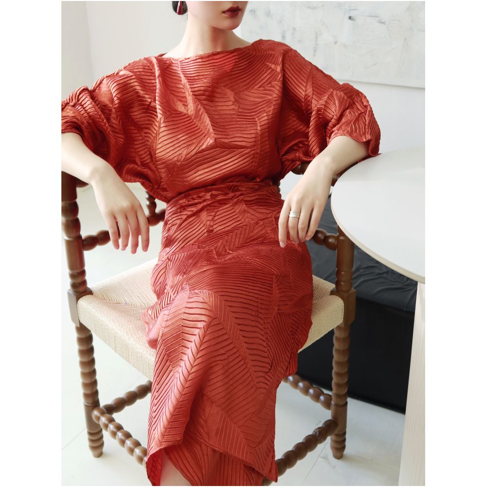 TAORAN Women s Round Neck Orange Red Long Sleeved Dress New Spring Style Tie Waist Faux Two Piece Long Dress Vacation Dress image 2