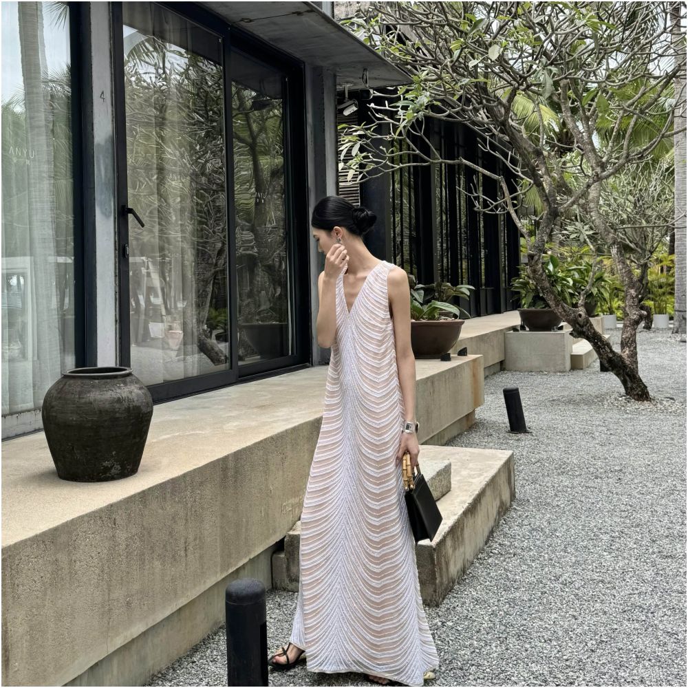 Rio Art DENGHEYI Niche Design V neck Dress Women s Loose fitting Sequined Elegant Long Dress image 2