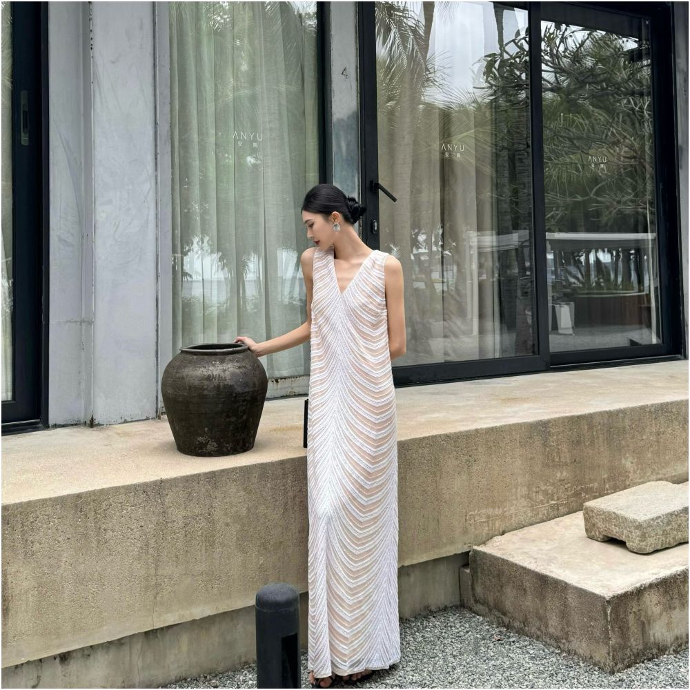 Rio Art DENGHEYI Niche Design V neck Dress Women s Loose fitting Sequined Elegant Long Dress image 3