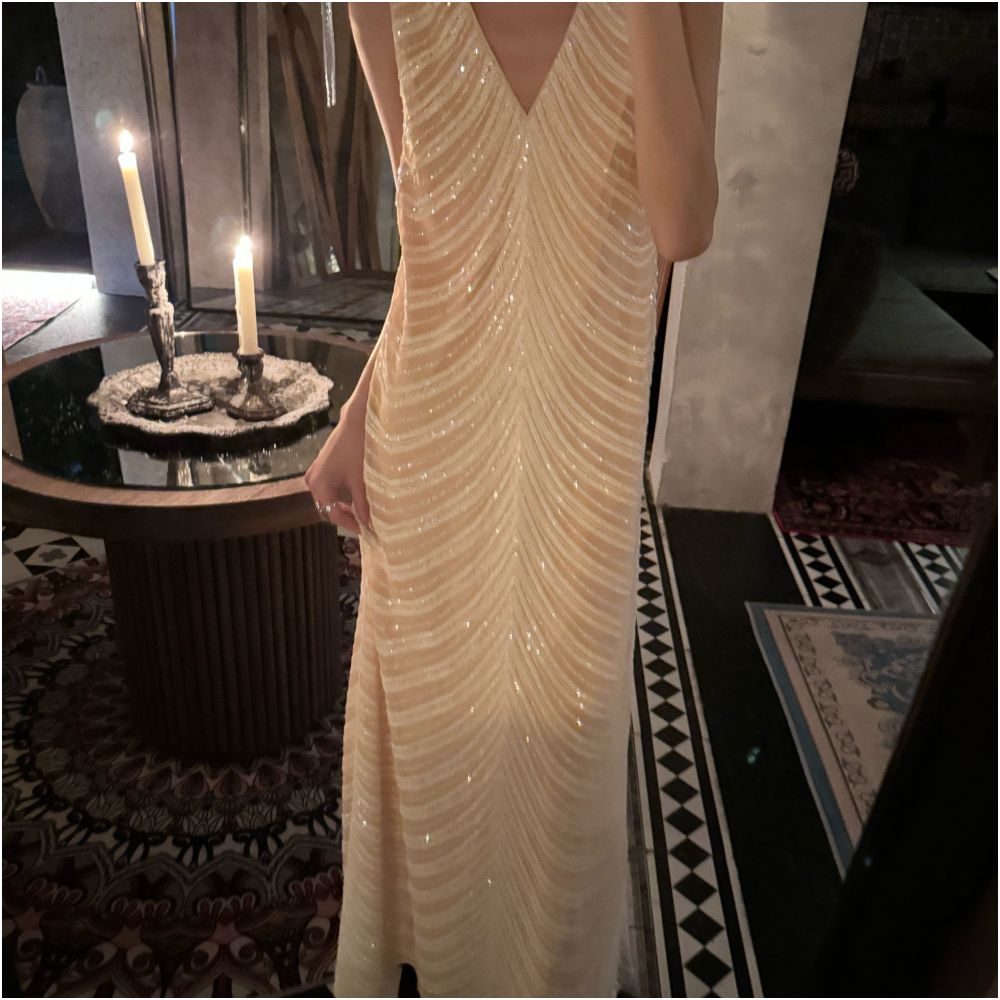 Rio Art DENGHEYI Niche Design V neck Dress Women s Loose fitting Sequined Elegant Long Dress image 0