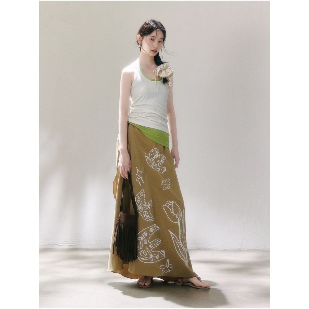 Uare original design Monsoon Migration Flying Birds and Tulips Print Lyocell Tencel Tie up Midi Skirt image 2