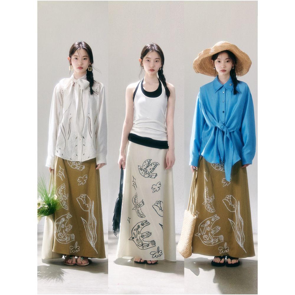 Uare original design Monsoon Migration Flying Birds and Tulips Print Lyocell Tencel Tie up Midi Skirt image 4