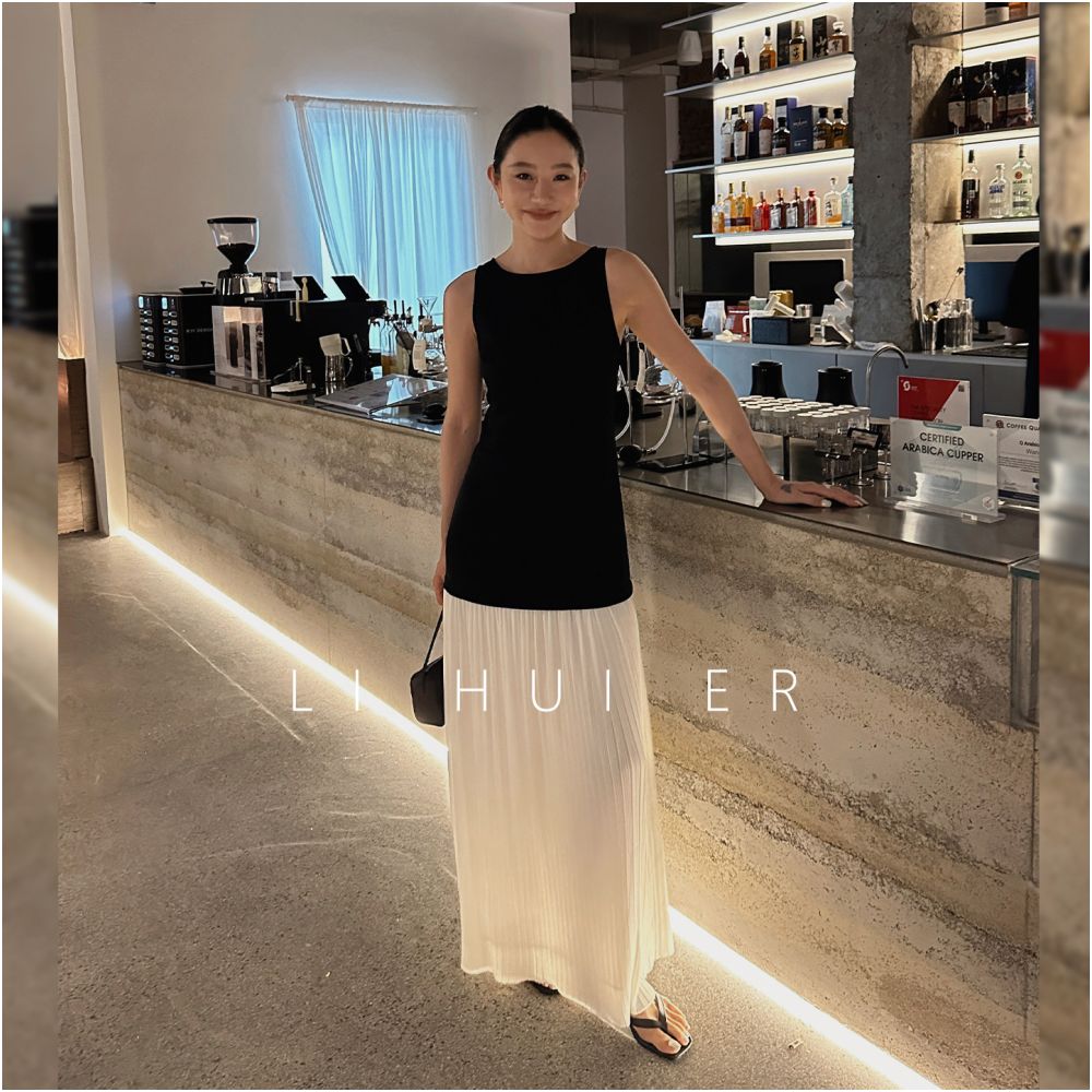 LiHuiEr Monet s Dream 2026 New Black and White Dress Faux Two Piece Sleeveless Vest Long Dress for Women image 2