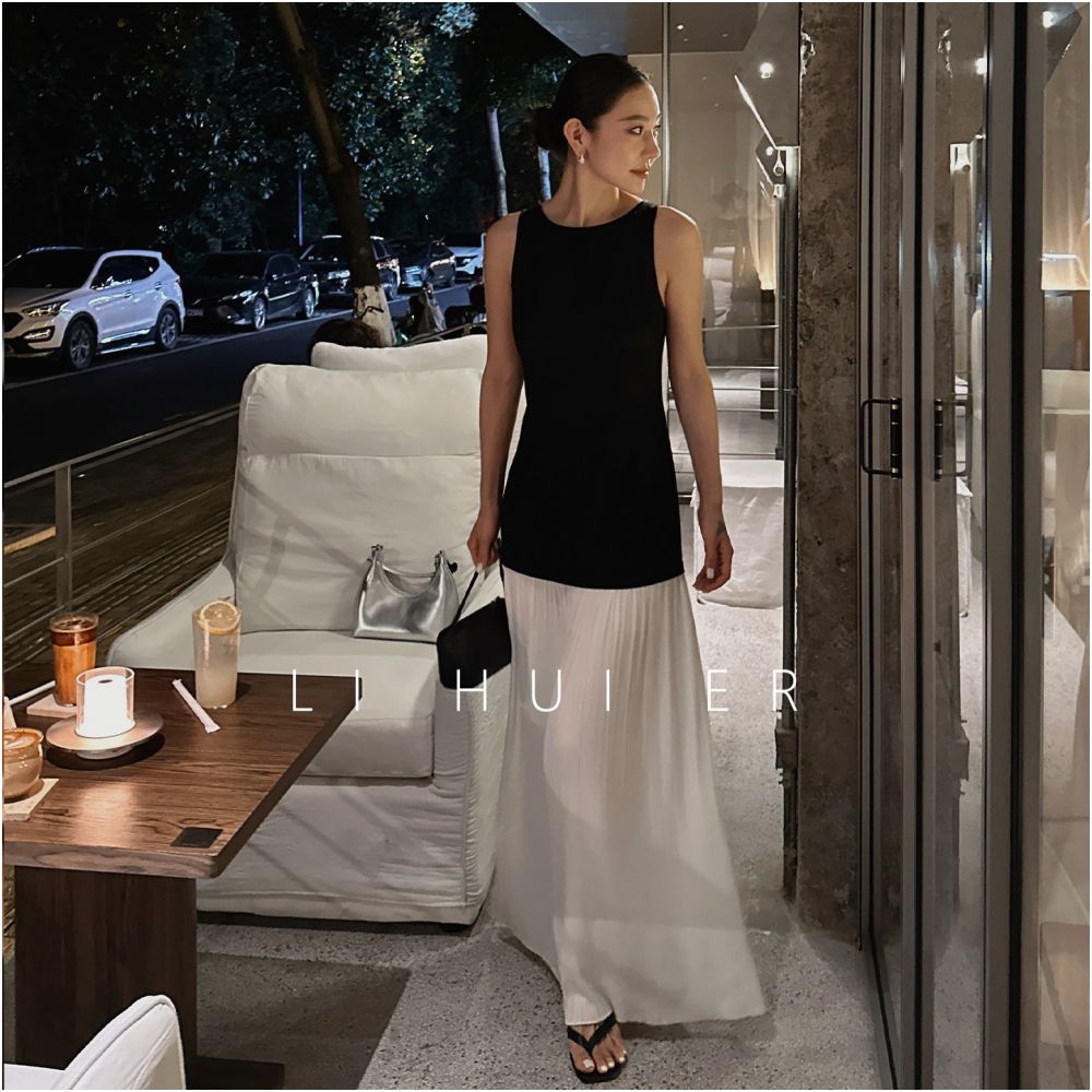 LiHuiEr Monet s Dream 2026 New Black and White Dress Faux Two Piece Sleeveless Vest Long Dress for Women image 0
