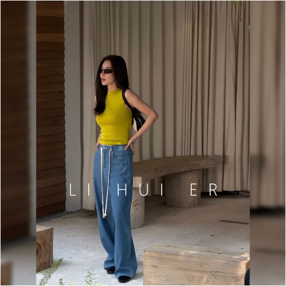 LiHuiEr Li Huier s Greek Summer Navy Blue Washed Denim Retro Loose Wide Leg Pants for Women image 1
