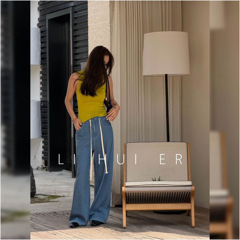 LiHuiEr Li Huier s Greek Summer Navy Blue Washed Denim Retro Loose Wide Leg Pants for Women image 2